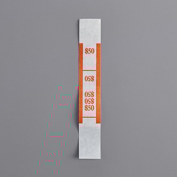 A white and orange paper currency strap with the number 50 and red writing.