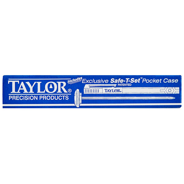 A blue and white box with a Taylor 6079J thermometer inside.