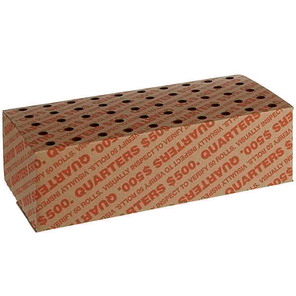A brown 10 3/8" x 5" x 3 1/4" Coin Storage Box with holes in it.