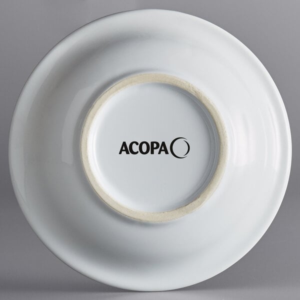 A white stoneware bowl with black text reading "Acopa" on it.