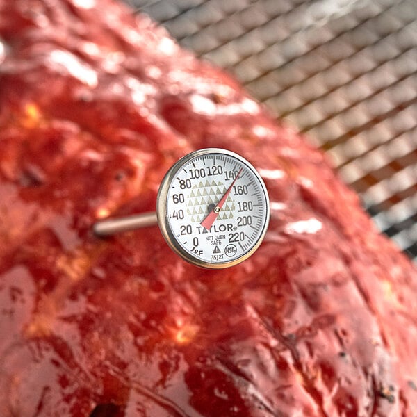 A Taylor pocket probe dial thermometer on a meat grill.