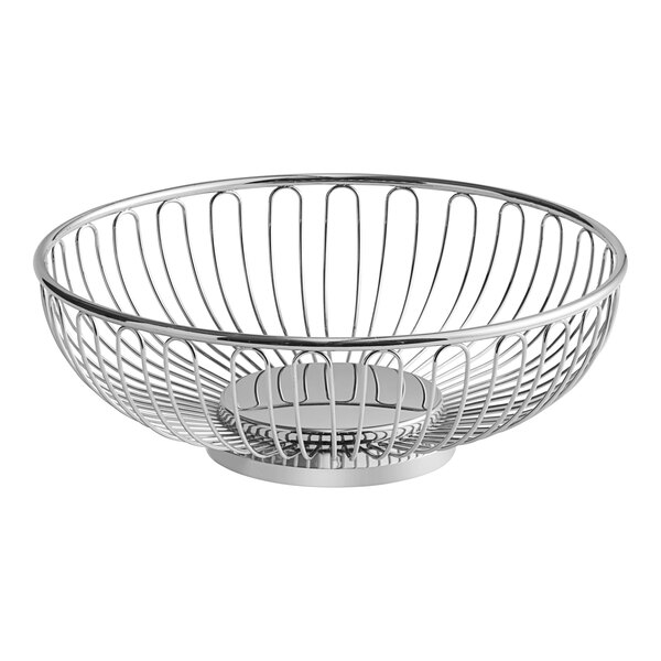A silver metal wire basket with a handle.