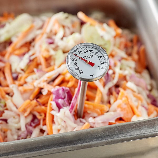 A Taylor pocket probe dial thermometer in a bowl of shredded vegetables.
