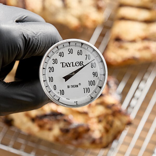 A Taylor 6235J 8-inch instant read probe dial thermometer displaying temperatures from -10 to 110 degrees Celsius.