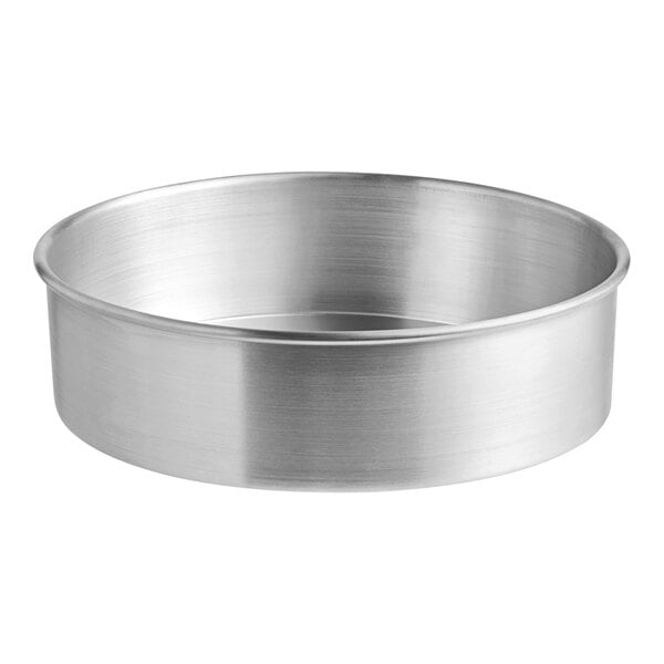 A round aluminum cheesecake pan with a removable bottom.