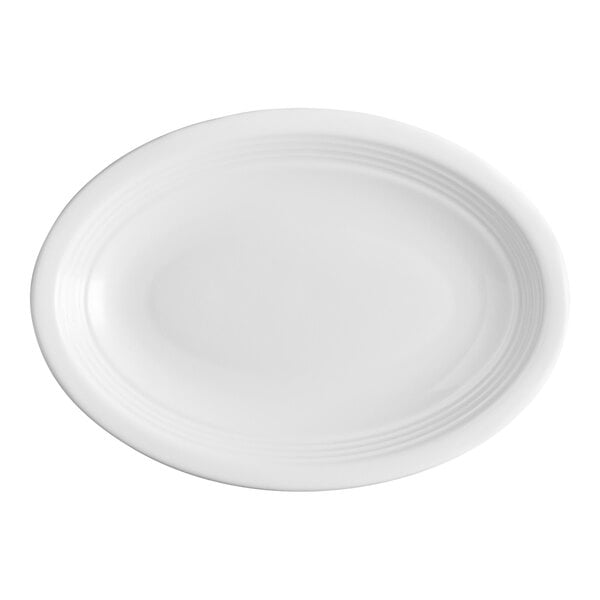 An oval white stoneware platter with a smooth, slightly raised rim.