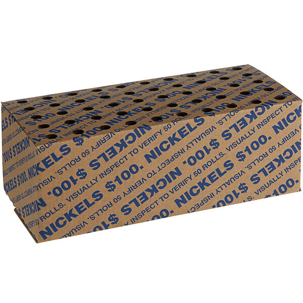 A brown 9 1/8" x 4 1/2" x 3 1/2" box with blue writing reading "Nickels" on it.