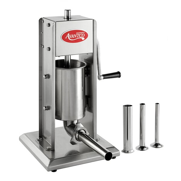 An Avantco stainless steel vertical manual sausage stuffer with metal cylinders and tubes.