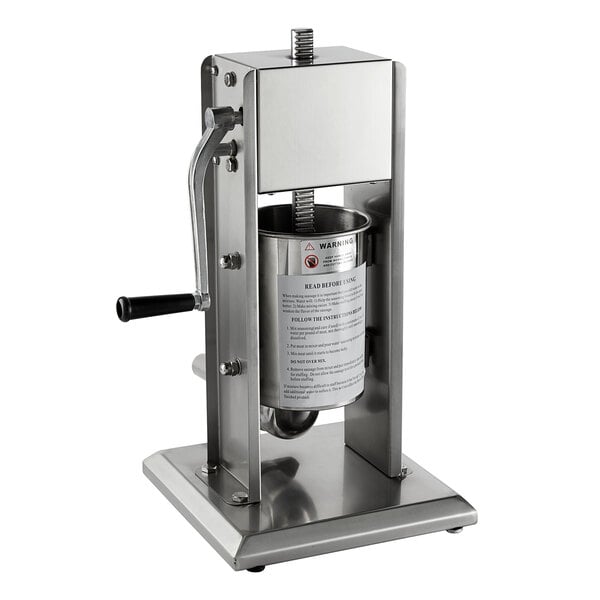 An Avantco stainless steel vertical manual sausage stuffer with stainless steel funnels.