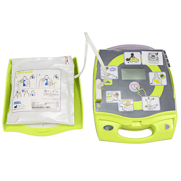 A Zoll AED Plus automatic defibrillator with text and voice.