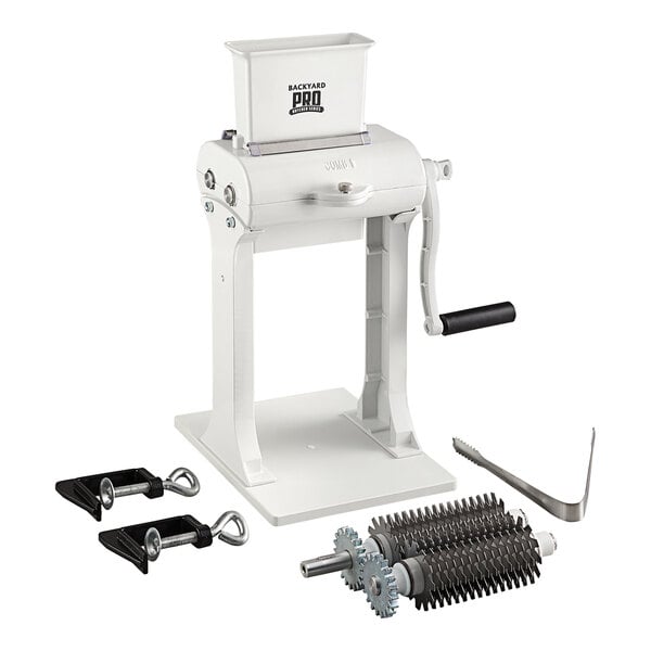 A white Backyard Pro meat tenderizer machine with a handle and parts.