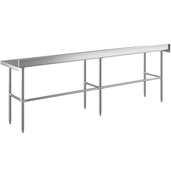 A Regency stainless steel work table with long legs.