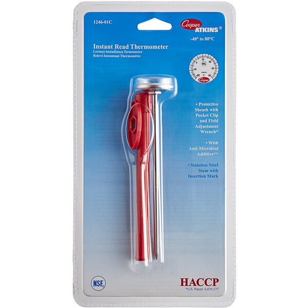 A red and white Cooper-Atkins pocket probe thermometer in packaging.