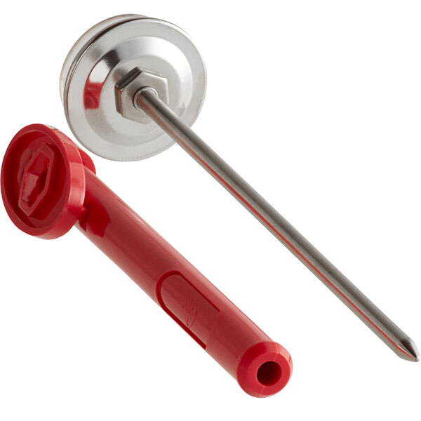 A close-up of a red and silver Cooper-Atkins pocket probe thermometer.