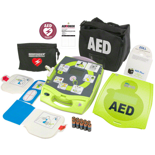 A Zoll AED Plus defibrillator in a black bag with white text.