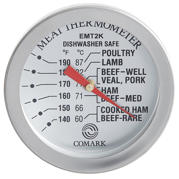 A Comark EMT2K dial meat thermometer with a metal probe and dial.