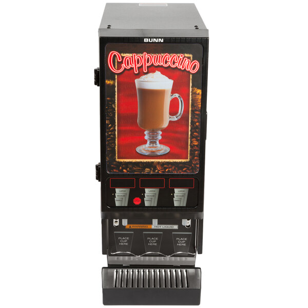 A Bunn hot beverage dispenser with a glass of coffee on top.