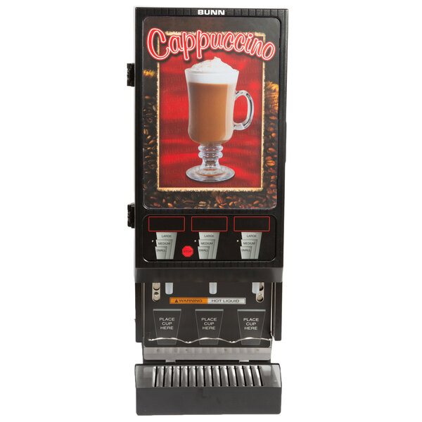 A Bunn hot beverage dispenser with a glass of coffee on top.