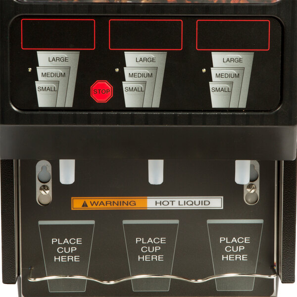 A black Bunn hot beverage dispenser with 3 hoppers.