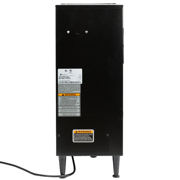 A black rectangular Bunn hot beverage dispenser with a cord.