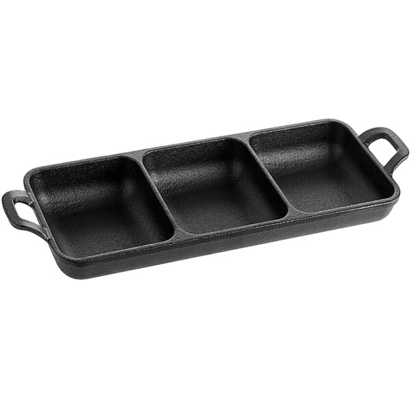 Valor 9 x 3 Three Compartment Pre-Seasoned Rectangular Mini Cast Iron  Divided Server with Handles - 12/Pack