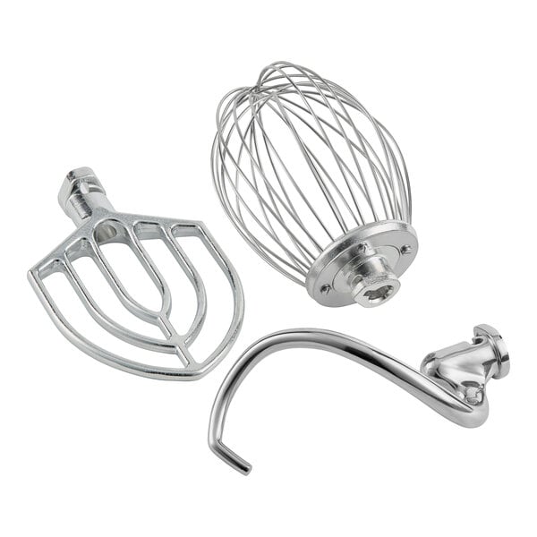 The accessories included with a Waring Luna Planetary Stand Mixer, including a whisk and wire beater.