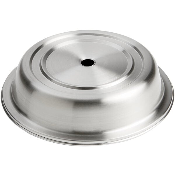 An American Metalcraft stainless steel plate cover with a hole in the center.