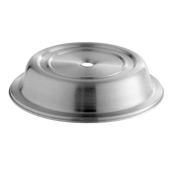 An American Metalcraft stainless steel plate cover with a hole in the center.