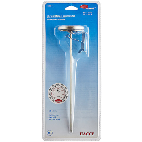 A Cooper-Atkins Instant Read Probe Dial Thermometer in its packaging.