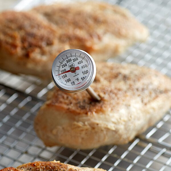 A Cooper-Atkins pocket probe thermometer in a meat grill.