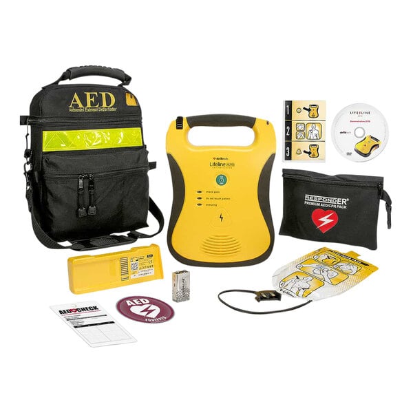 A yellow and black Defibtech Lifeline AUTO AED kit bag with a black tag with a red heart and lightning bolt.