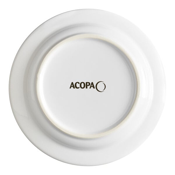 A white stoneware plate with the brand name 'Acopa' on the bottom.