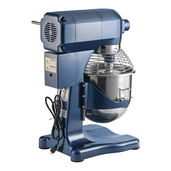 A blue Waring Luna stand mixer with metal bowl and whisk attachment.