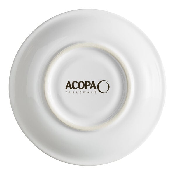 A white stoneware saucer with the Acopa Tableware logo on the bottom.