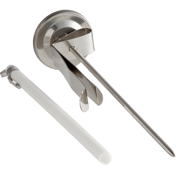 A Comark 8" pocket probe dial thermometer with a white handle.