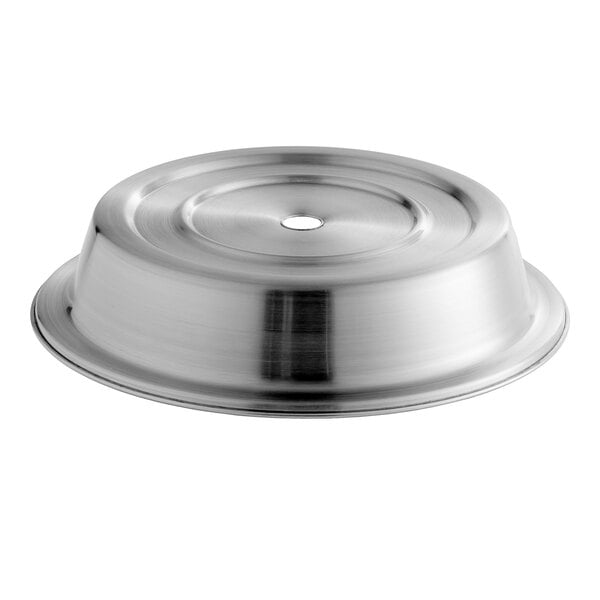 An American Metalcraft stainless steel plate cover with a hole in the center.
