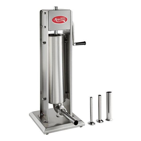 An Avantco stainless steel vertical manual sausage stuffer with metal tubes.