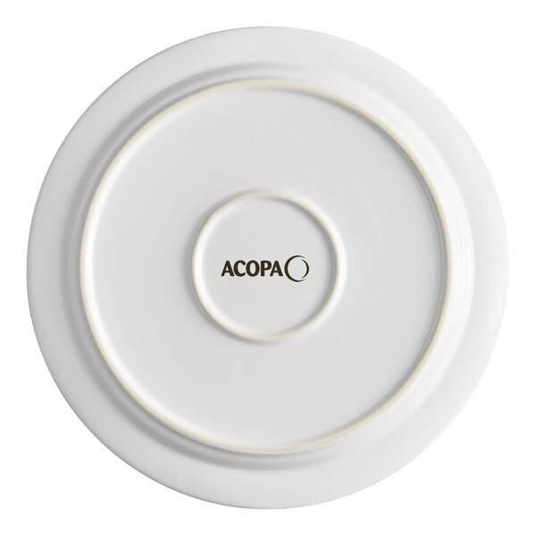 A white stoneware plate with the Acopa logo on the bottom.