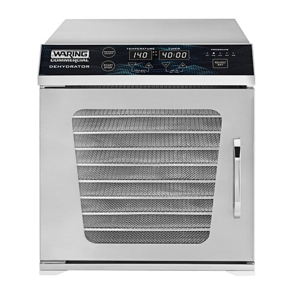 A silver rectangular Waring food dehydrator with a stainless steel door.
