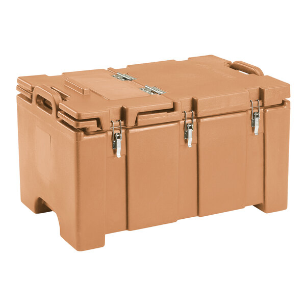 A large brown plastic box with handles.