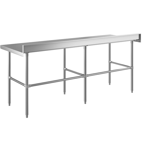 A Regency stainless steel open base work table with two legs.