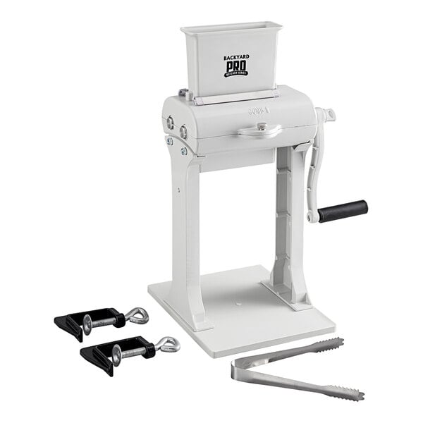 A white Backyard Pro manual meat tenderizer with black handles.
