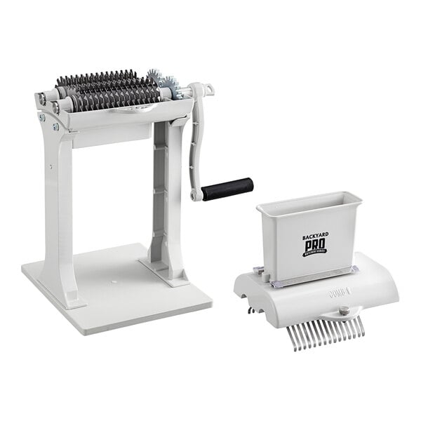 A white Backyard Pro manual meat tenderizer with black text.