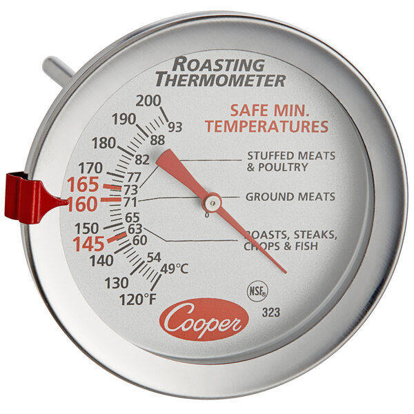 A close-up of a Cooper-Atkins 6" probe dial meat thermometer with a white background.
