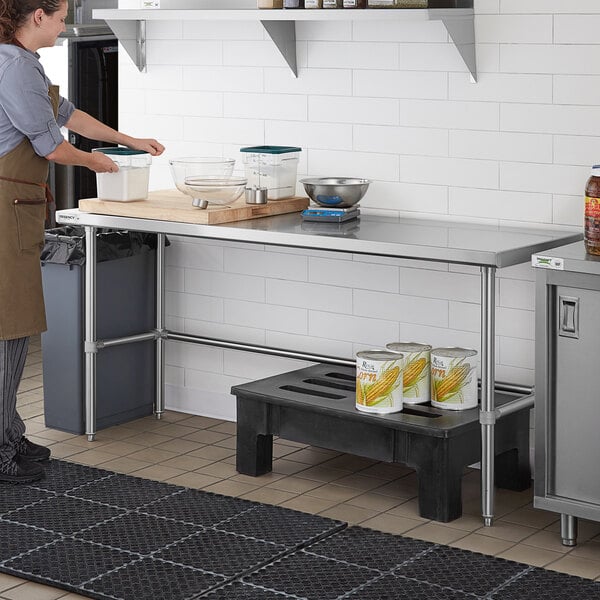 A woman in a professional kitchen using a Regency stainless steel work table.