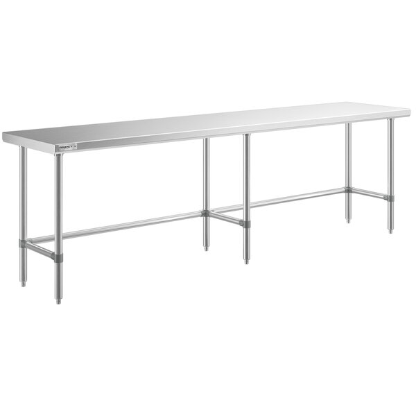 A Regency stainless steel open base work table with a long rectangular top.