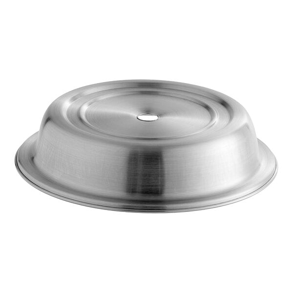 An American Metalcraft stainless steel plate cover with a hole in the center.