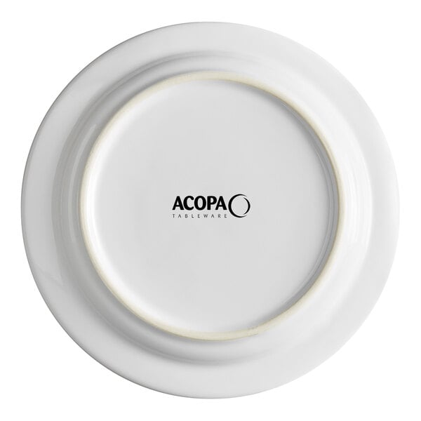 A white stoneware plate with the Acopa Tableware logo on the bottom.