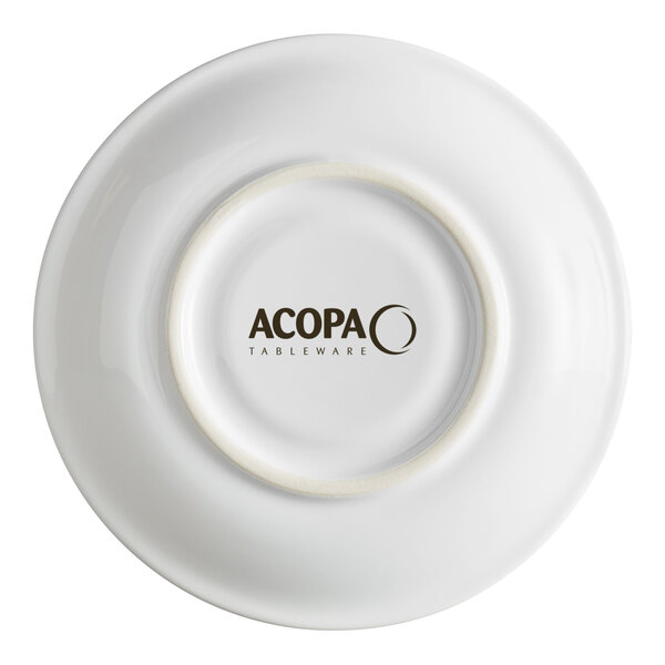 A white stoneware saucer with the Acopa Tableware logo on the bottom.