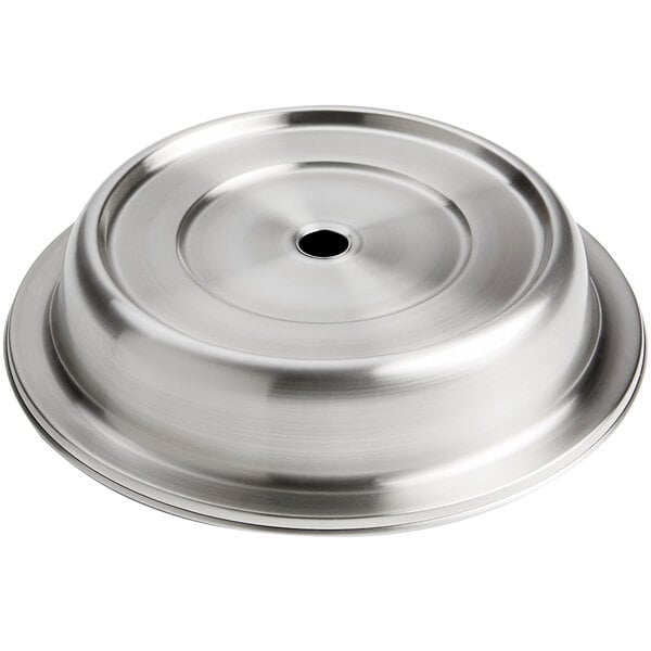 An American Metalcraft stainless steel plate cover with a hole in the center.